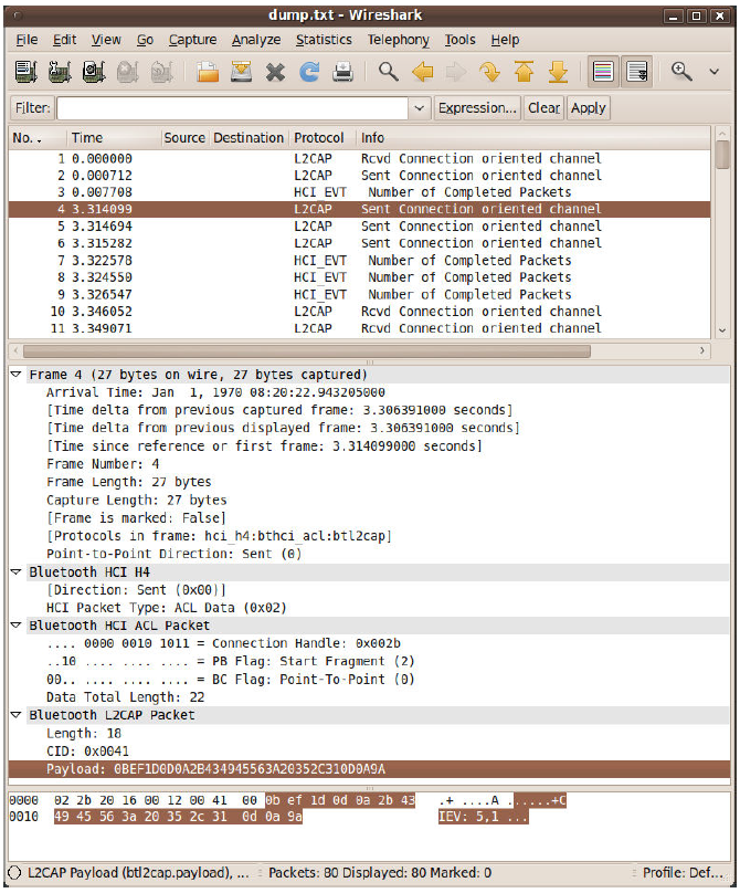 Wireshark view of a Bluetooth HCI dump
