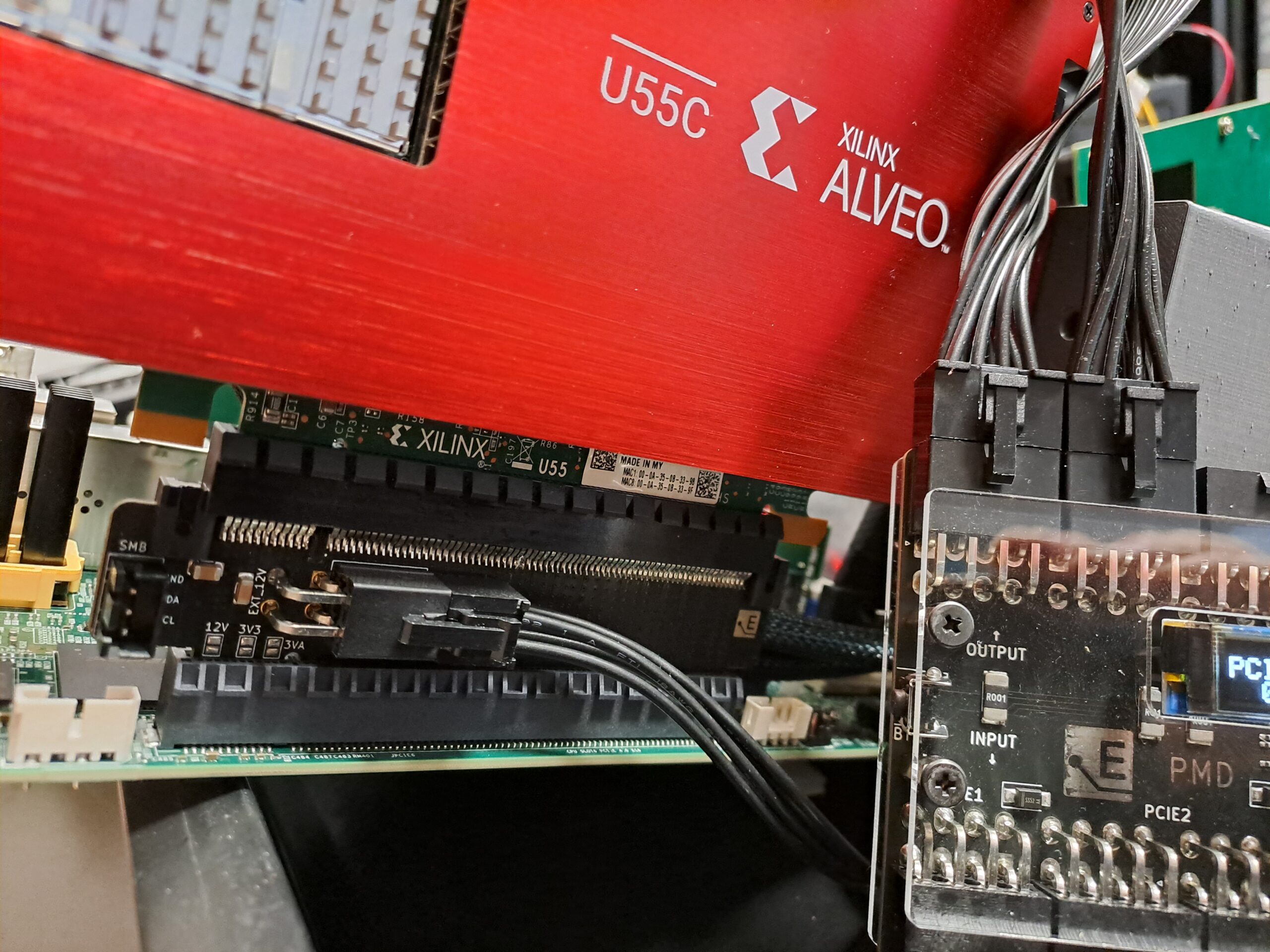 Alveo U55C FPGA Card Power Measurement - Placing PMD PCIe Slot Power Measurement Adapter between the mainboard and the FPGA card