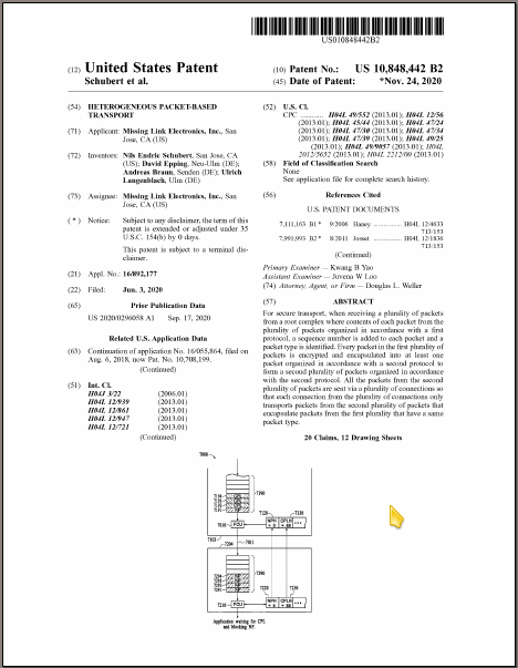 US Patent 10,848,442 for Secure Heterogeneous Packet-Based Transport